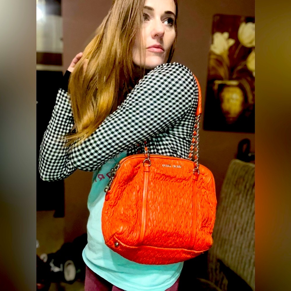 Miu Miu Orange and Silver Textured Shoulder Bag - Picture 2 of 16